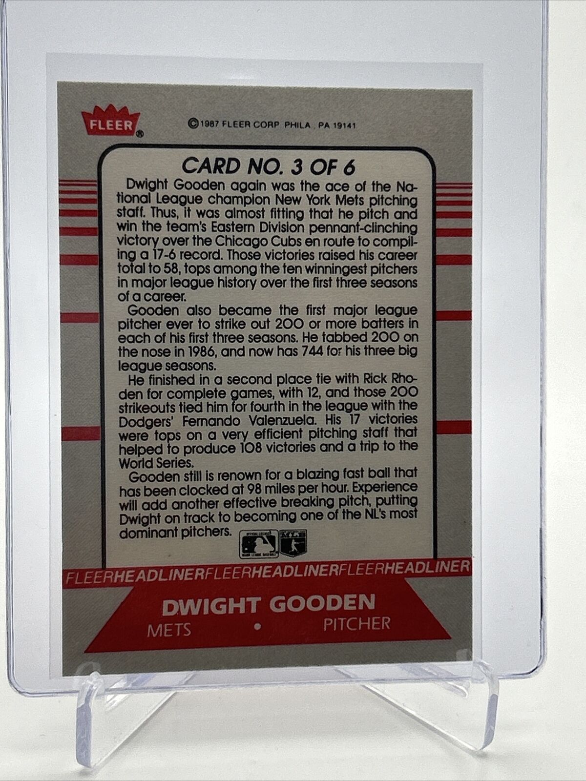 1987 Fleer Headliners Dwight Gooden Baseball Card #3 NM-MT FREE SHIPPING