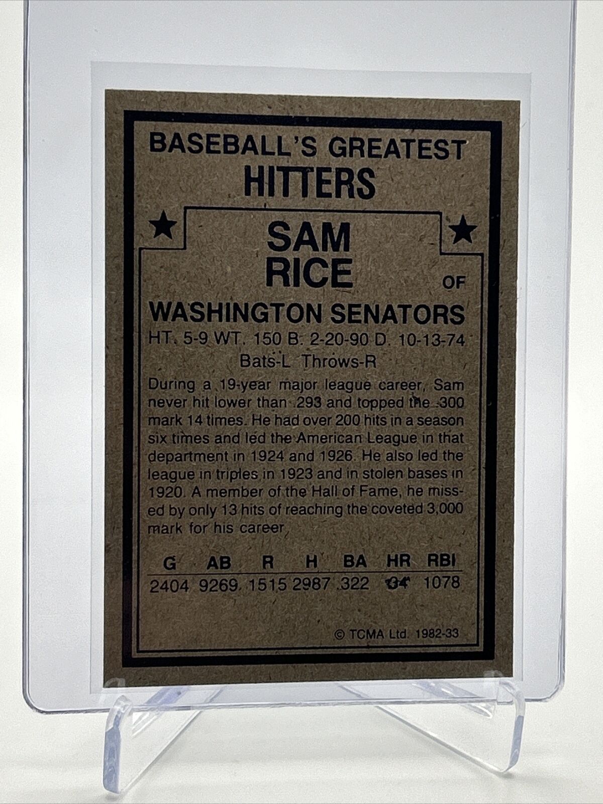 1982 TCMA Greatest Hitters Sam Rice Baseball Card #33 Mint FREE SHIPPING