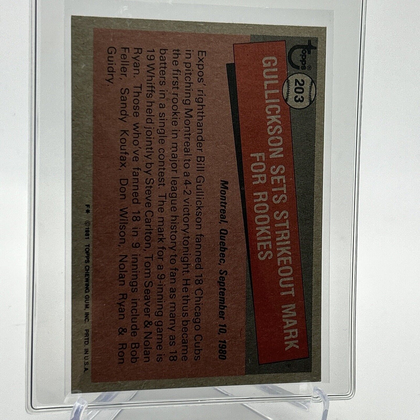 1981 Topps Bill Gullickson Baseball Card #203 NM-Mint FREE SHIPPING