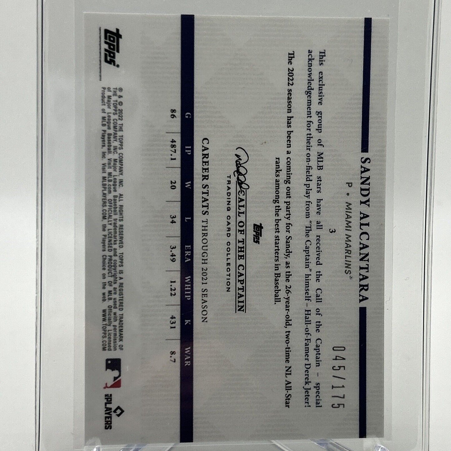 2022 Topps x Derek Jeter Sandy Alcantara 45/175 Baseball Card #3 FREE SHIPPING