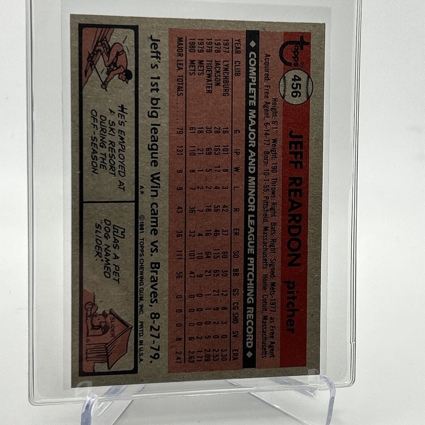 1981 Topps Jeff Reardon Rookie Baseball Card #456 NM-Mint FREE SHIPPING