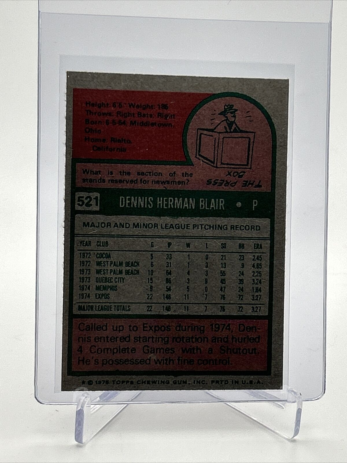 1975 Topps Dennis Blair Rookie Baseball Card #521 NM Quality FREE SHIPPING