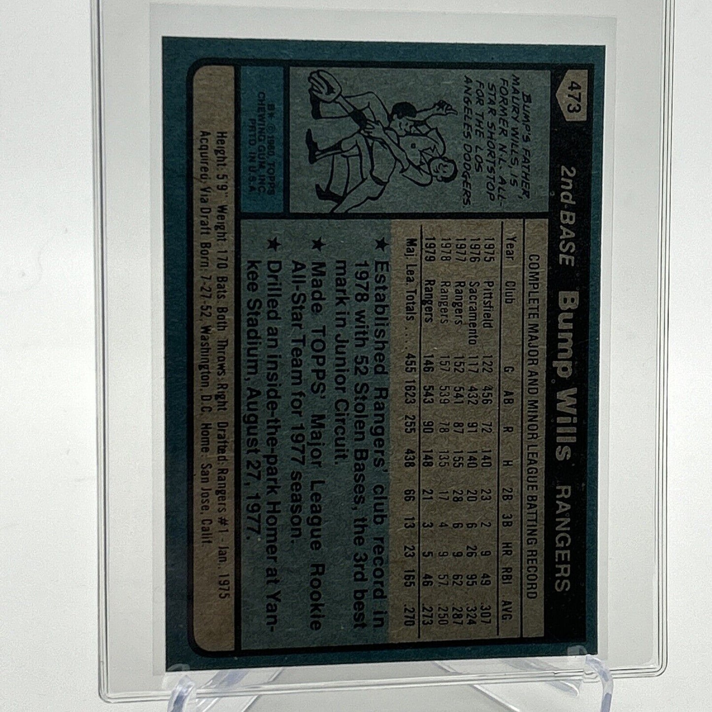 1980 Topps Bump Wills Baseball Card #473 NM-Mint FREE SHIPPING