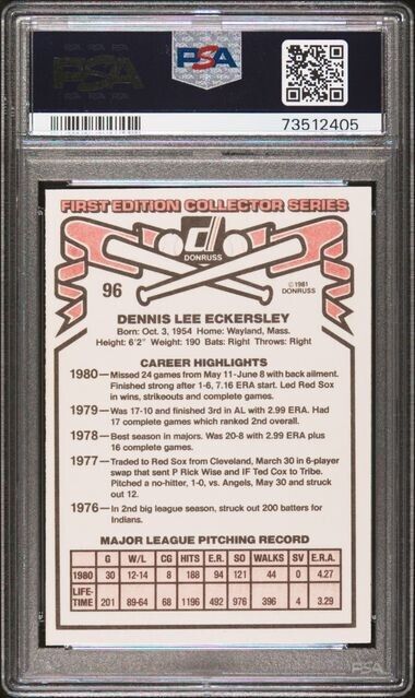 1981 Donruss Dennis Eckersley Baseball Card #96 PSA 9 Mint