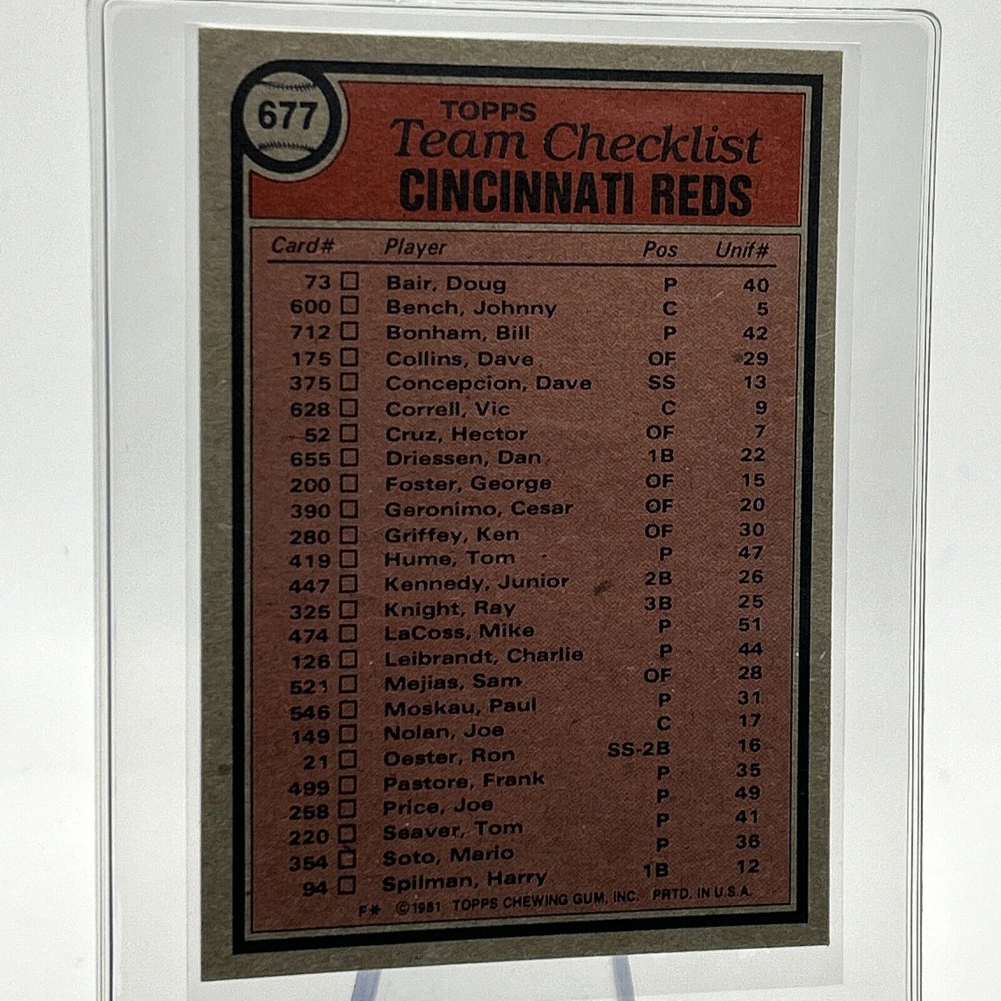 1981 Topps Cincinnati Reds Checklist Baseball Card #677 NM-Mint FREE SHIPPING