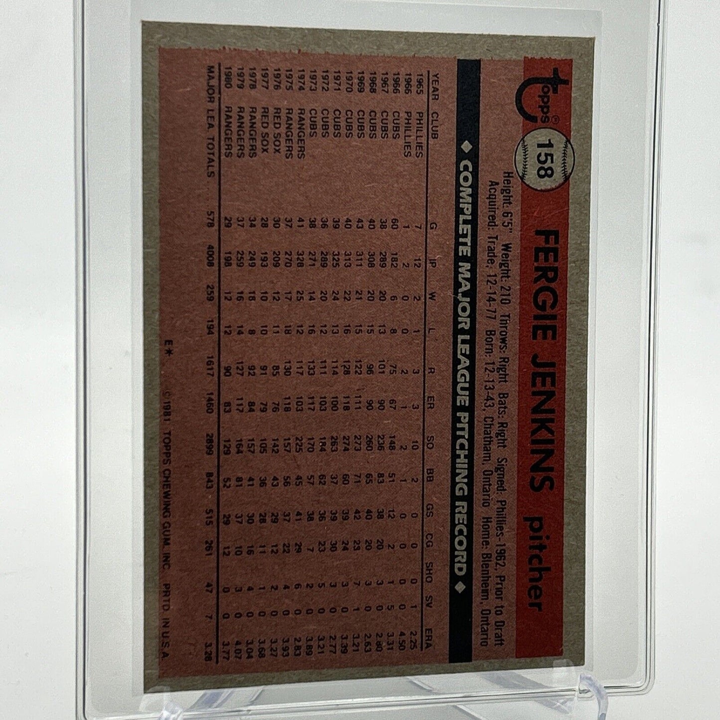 1981 Topps Fergie Jenkins Baseball Card #158 NM-Mint FREE SHIPPING