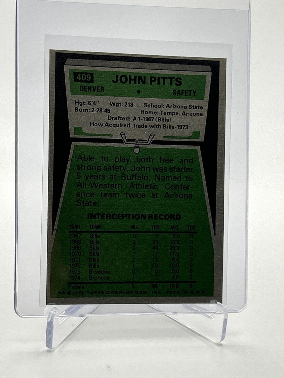 1975 Topps John Pitts Football Card #409 NM Quality FREE SHIPPING