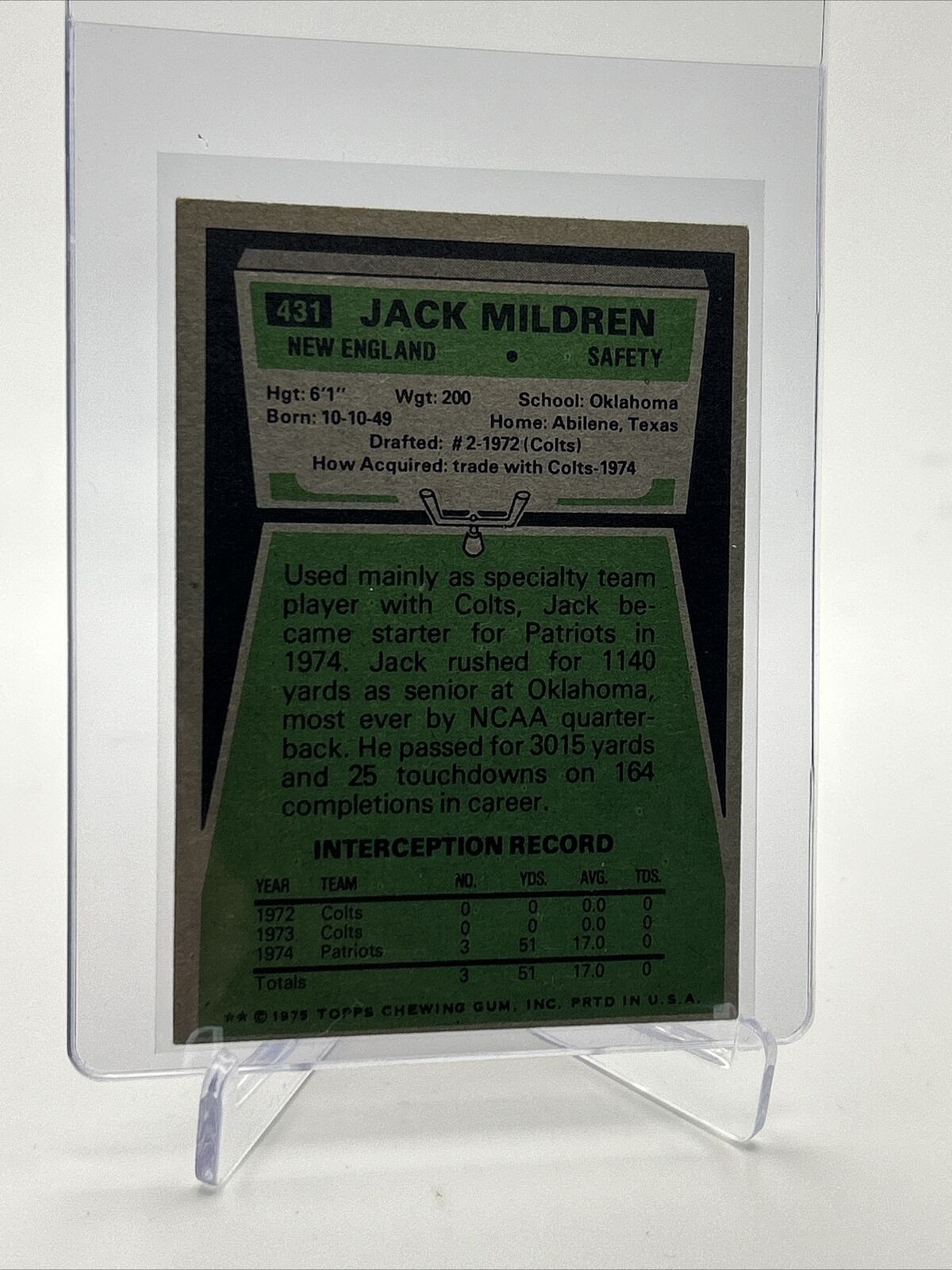 1975 Topps Jack Mildren Rookie Football Card #431 EX-MT Quality FREE SHIPPING