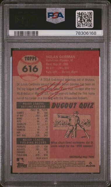 2023 Topps Living Set Nolan Gorman Rookie Baseball Card #616 PSA 10 Gem Mint