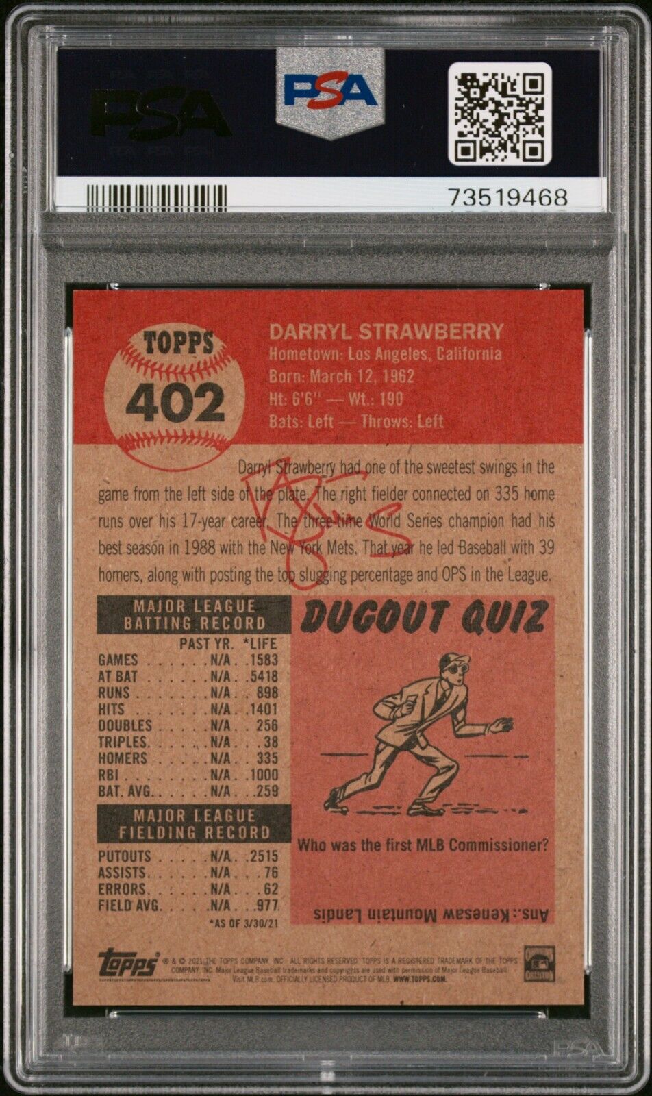 2021 Topps Living Set Darryl Strawberry Baseball Card #402 PSA 9 Mint