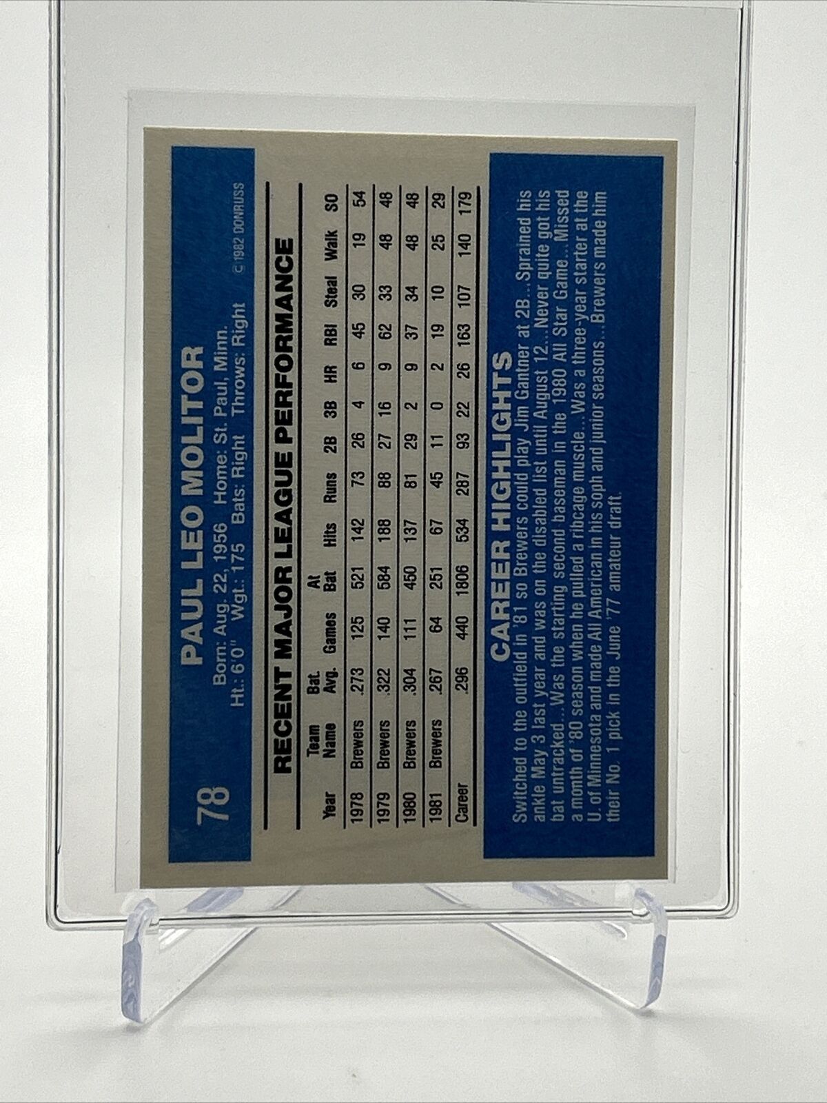 1982 Donruss Paul Molitor Baseball Card #78 NM-MT FREE SHIPPING