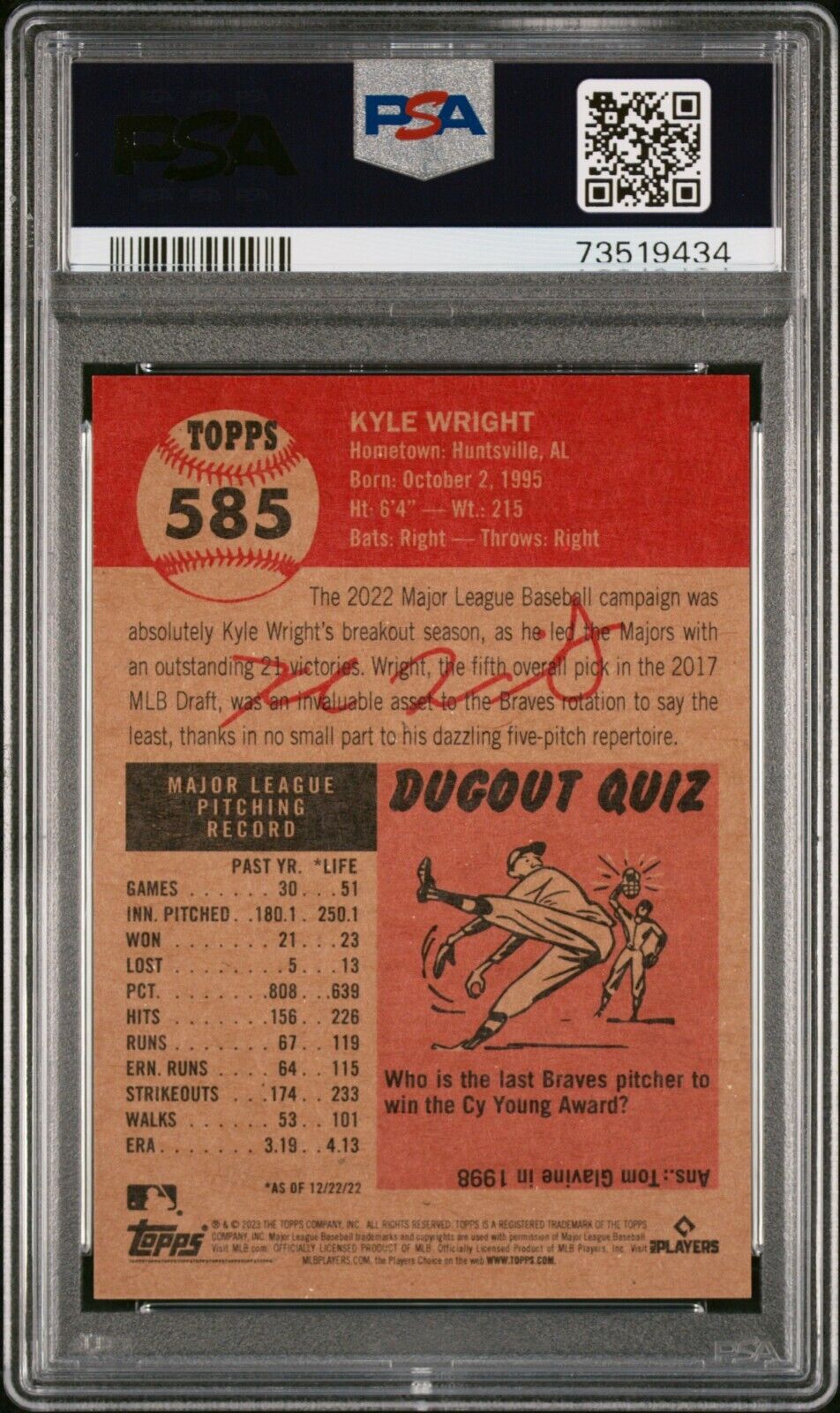 2023 Topps Living Set Kyle Wright Baseball Card #585 PSA 10 Gem Mint