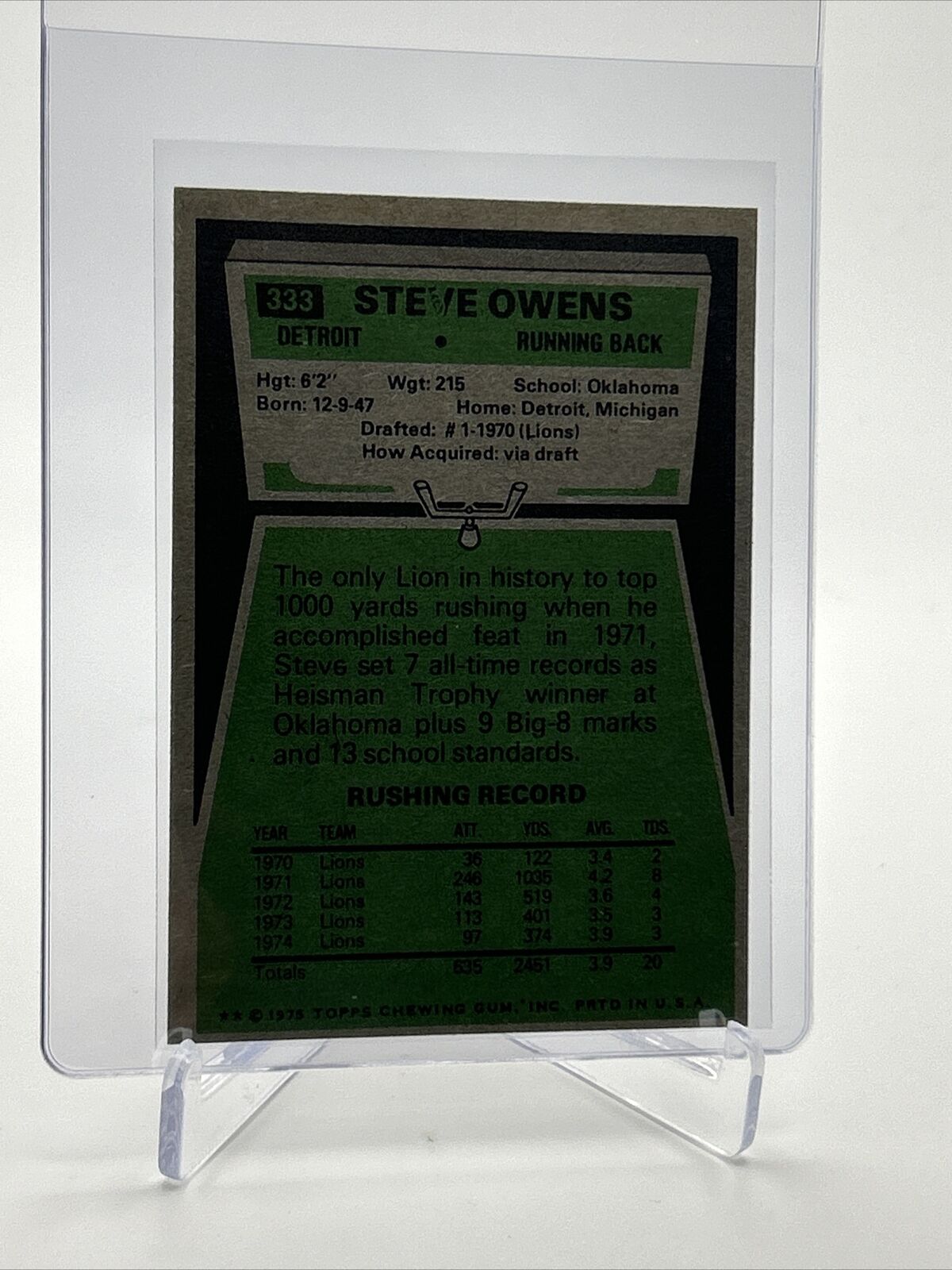 1975 Topps Steve Owens Football Card #333 NM Quality FREE SHIPPING