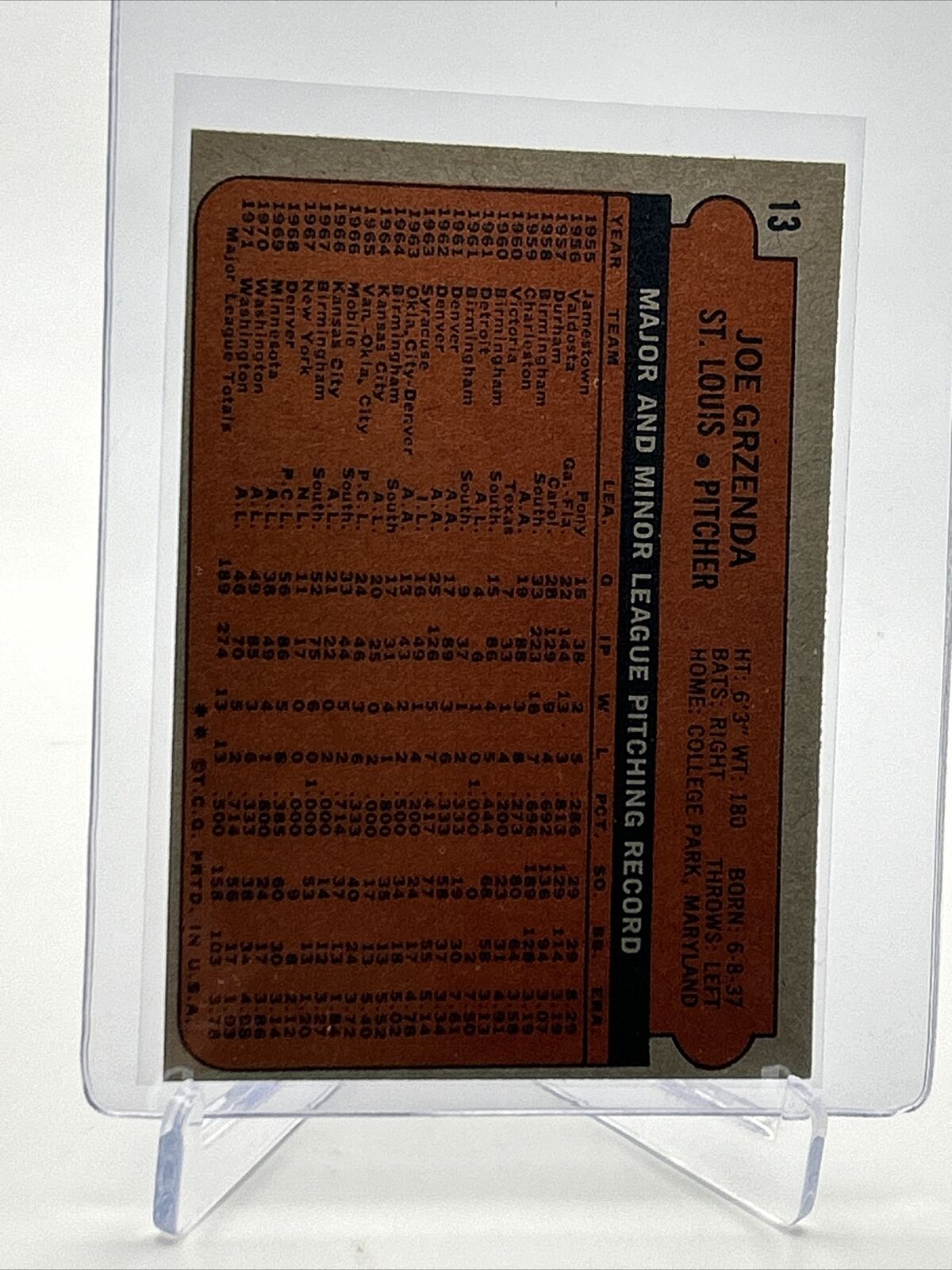 1972 Topps Joe Grzenda Baseball Card #13 VG-EX Quality FREE SHIPPING