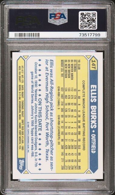 1987 Topps Traded TIFFANY Ellis Burks Rookie Baseball Card #14T PSA 9 Mint