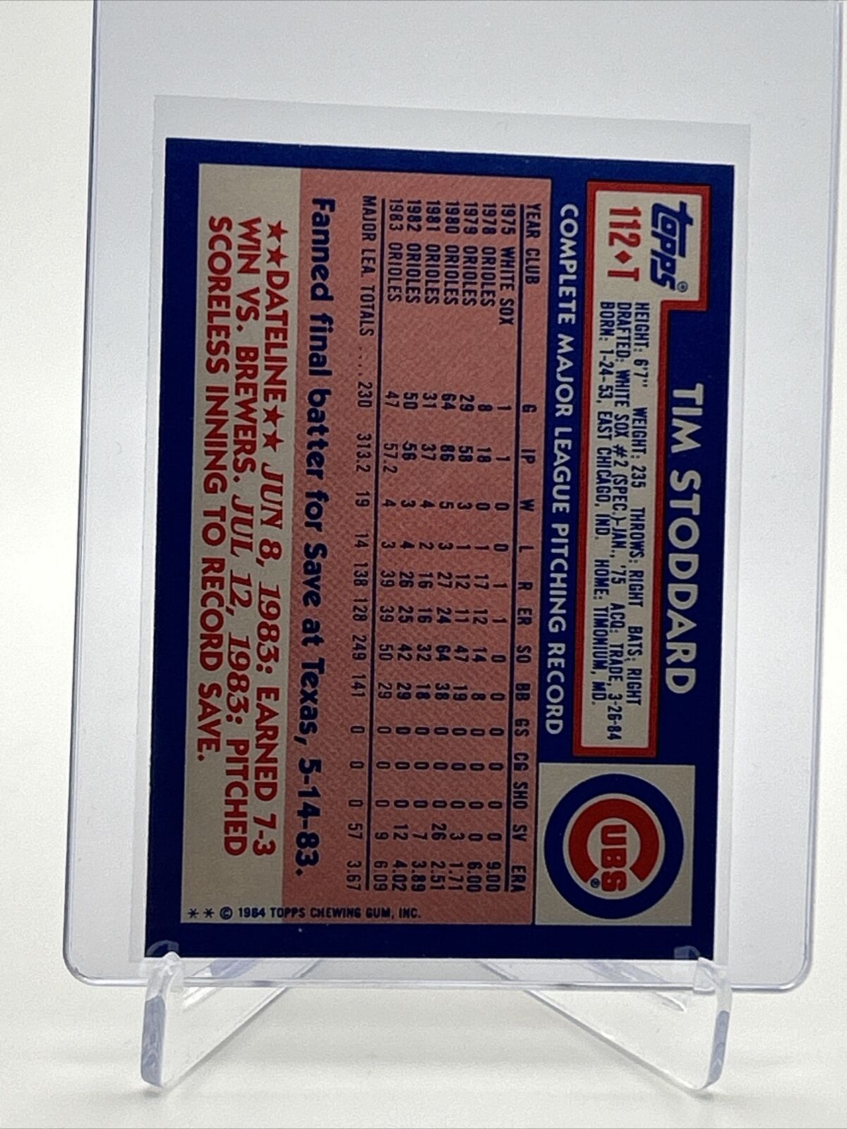 1984 Topps Traded TIFFANY Tim Stoddard Card #112T NM-MT FREE SHIPPING