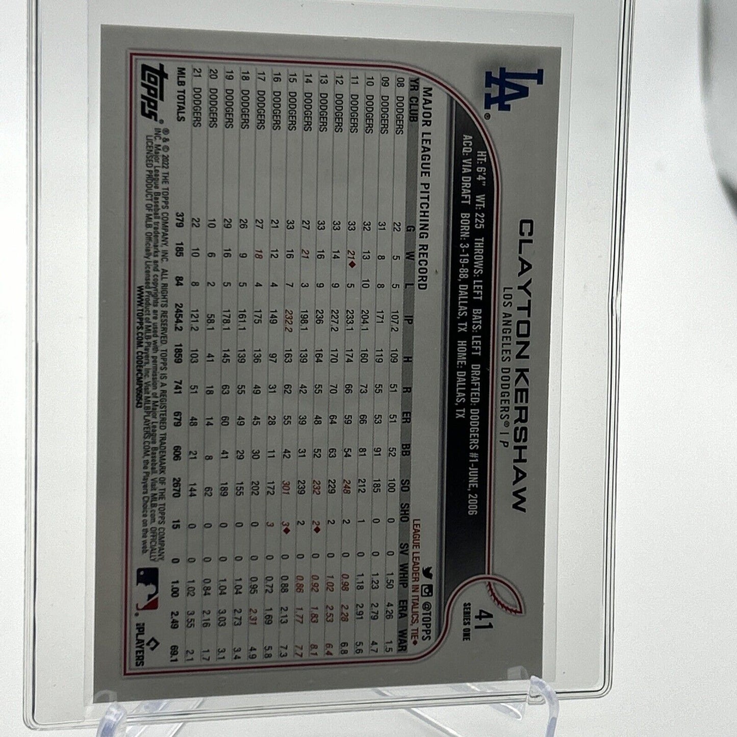 2022 Topps Clayton Kershaw Baseball Card #41 Mint FREE SHIPPING