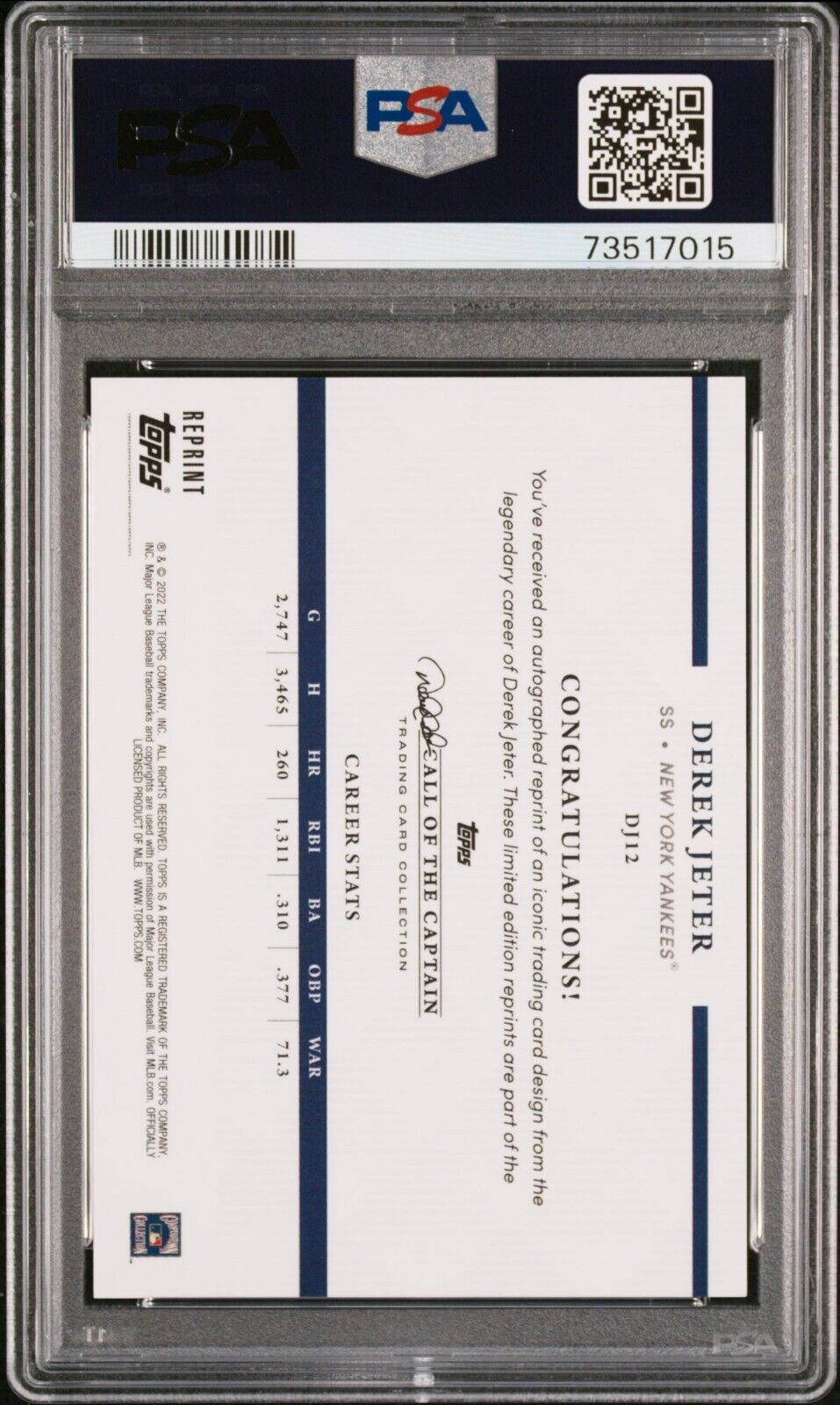 2022 Topps x Derek Jeter 22 Years of Topps FOILBOARD Derek Jeter Card DJ12 PSA 9