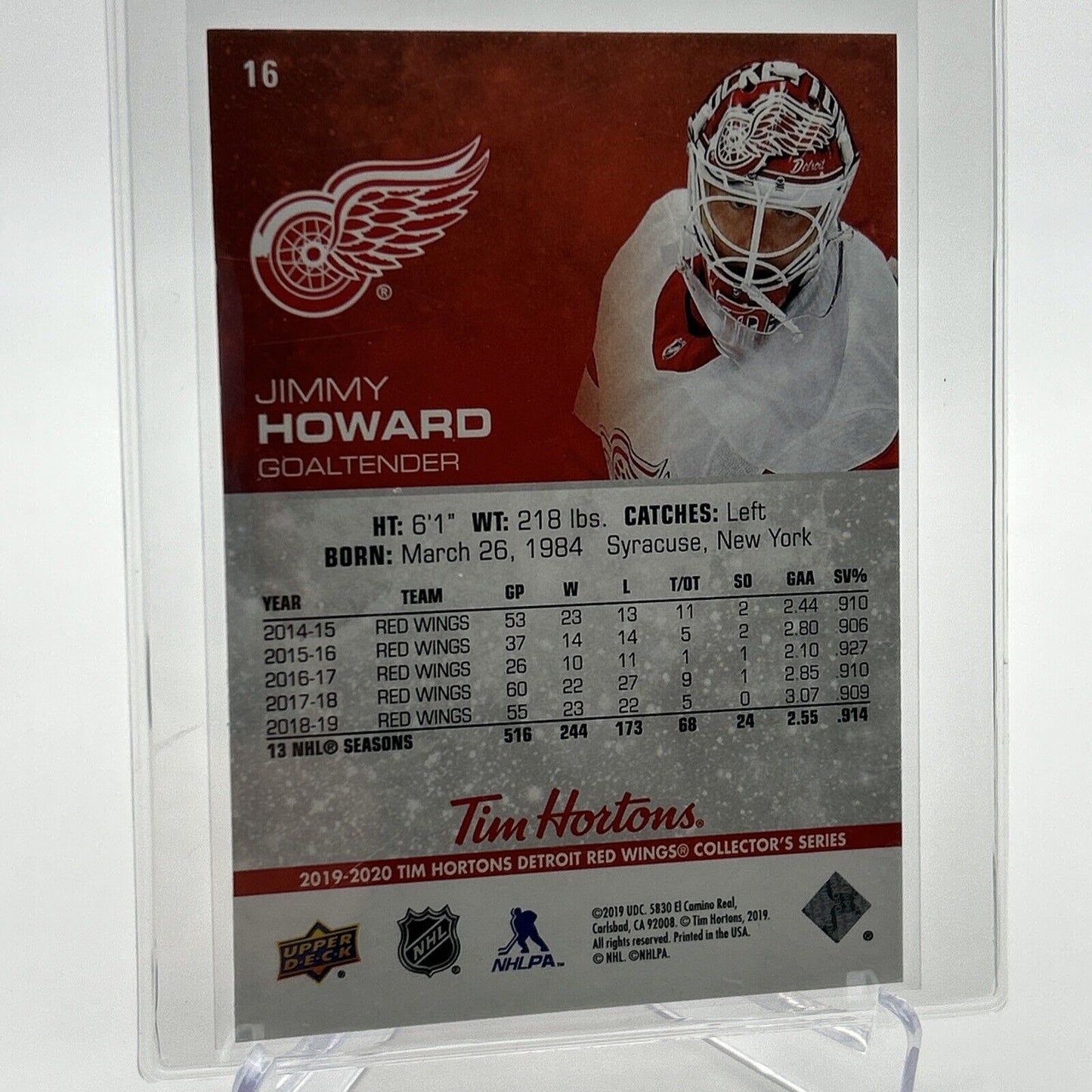 2019-20 Upper Deck Tim Hortons Jimmy Howard Card #16 Mint FREE SHIPPING