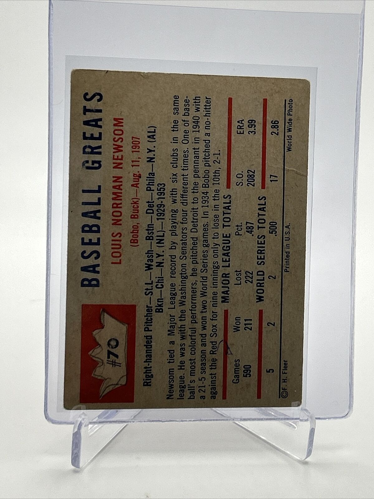 1960 Fleer Baseball Greats Bobo Newsom Card #70 VG Quality FREE SHIPPING