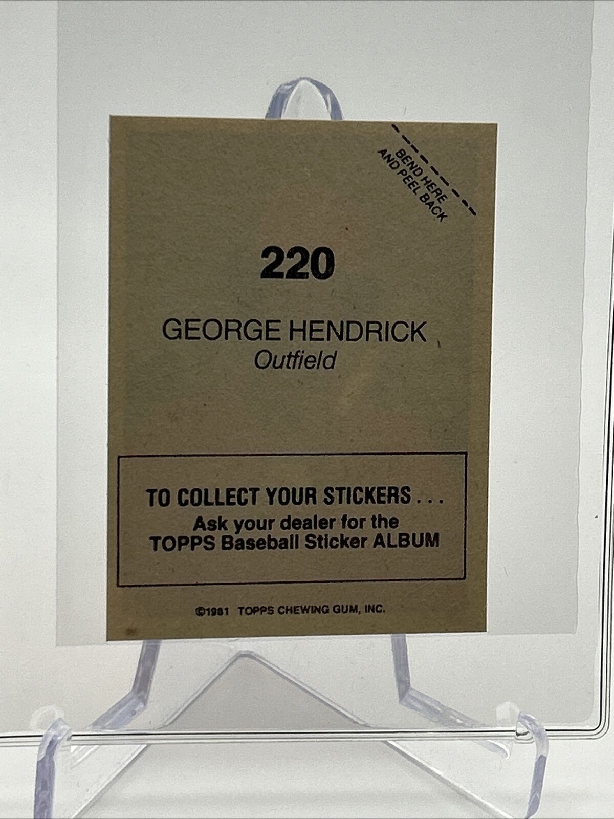 1981 Topps Stickers George Hendrick Baseball Card #220 NM-Mint FREE SHIPPING