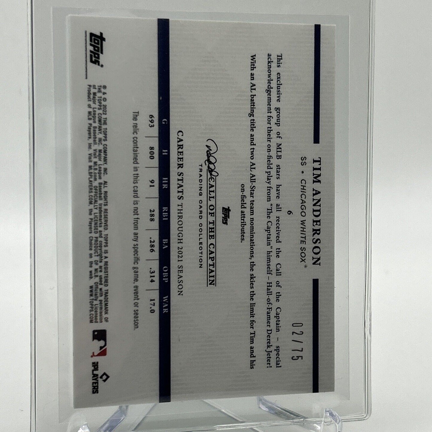 2022 Topps x Derek Jeter Call of the Captain Tim Anderson Jersey Card 2/75 #6