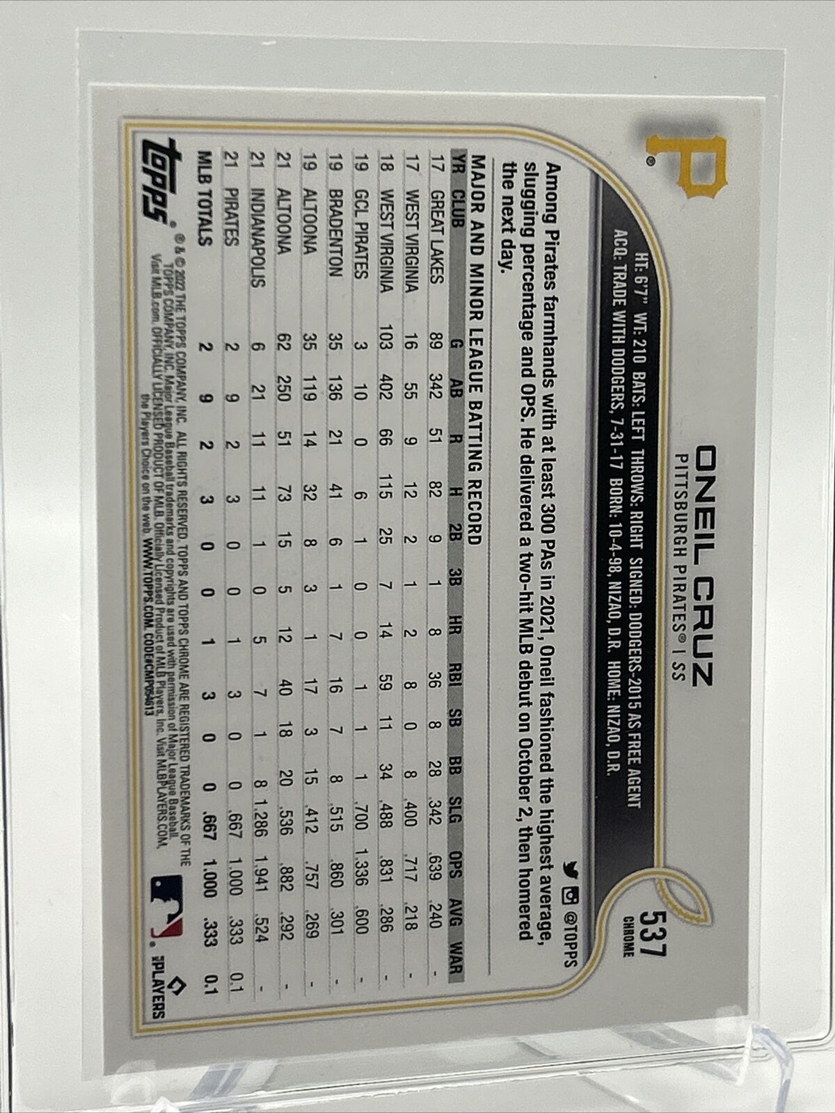 2022 Topps RETAIL SET Oneil Cruz Rookie Baseball Card #537 Mint FREE SHIPPING