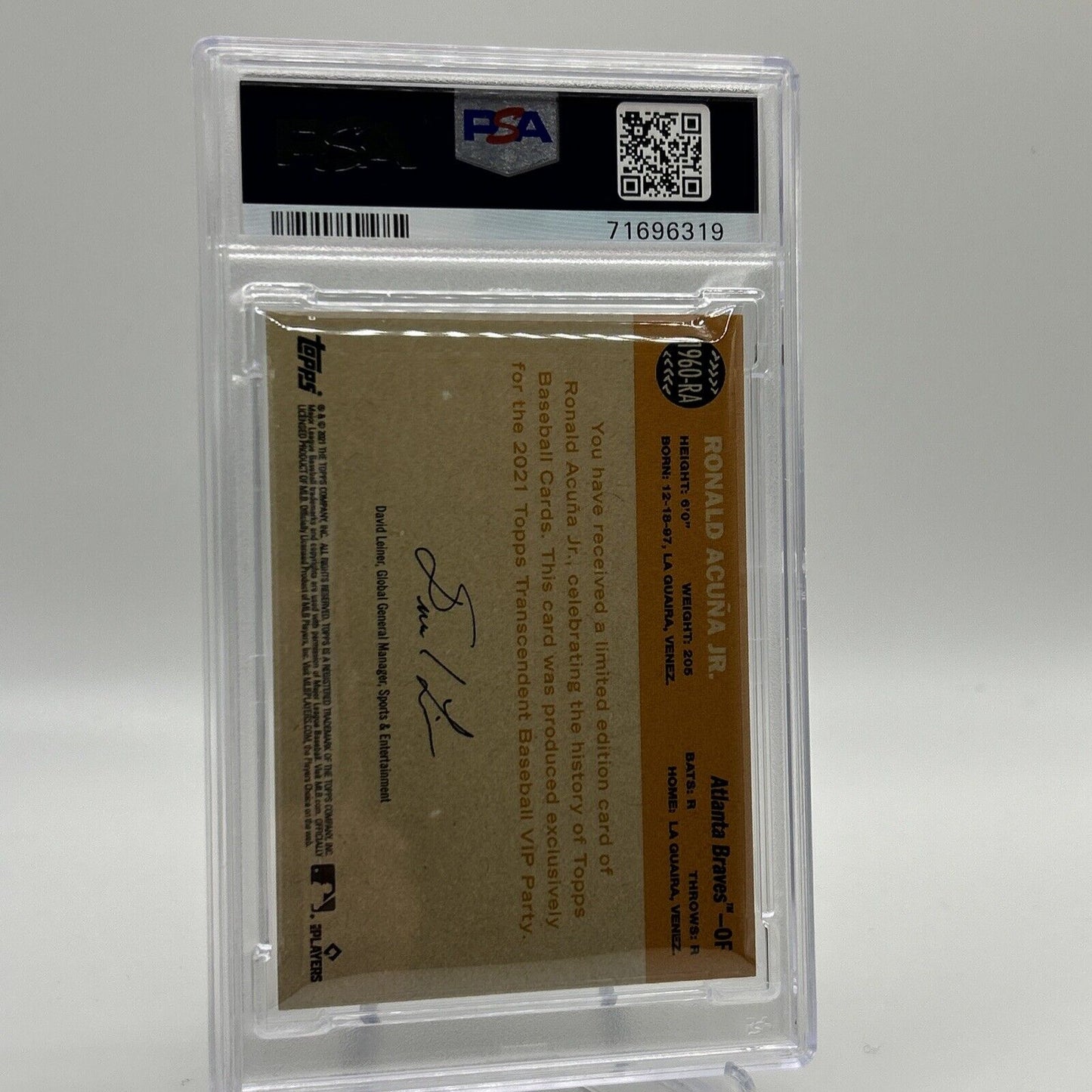 2022 Topps Transcendent VIP Party Ronald Acuna Jr. Card #1960 PSA 10 35/95