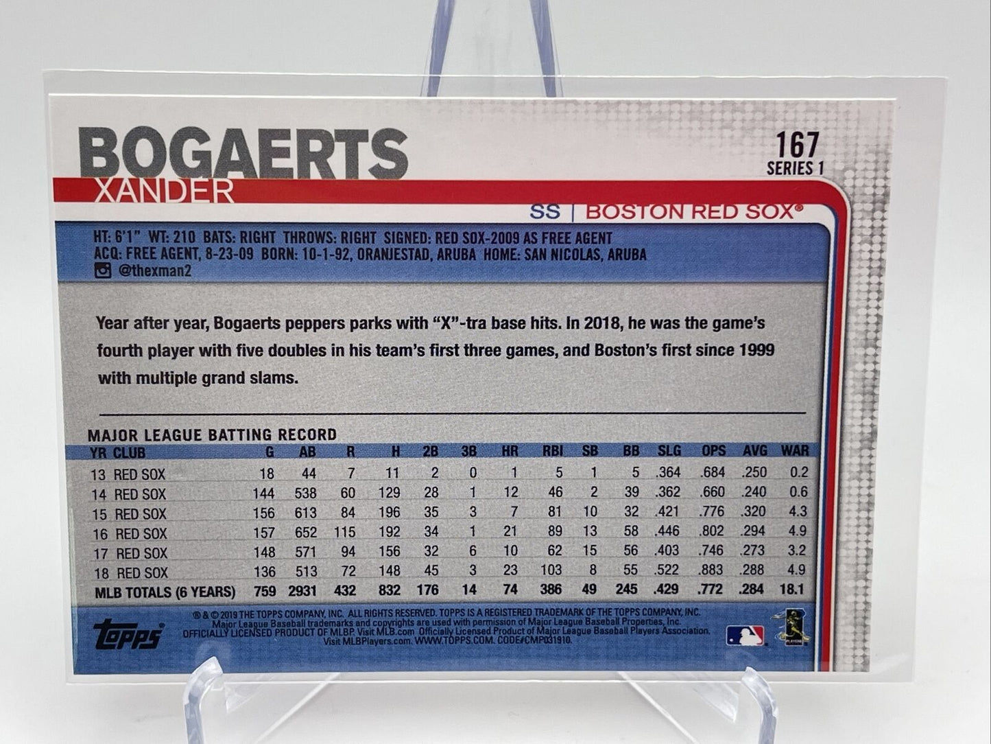 2019 Topps Xander Bogaerts Baseball Card #167 Mint FREE SHIPPING
