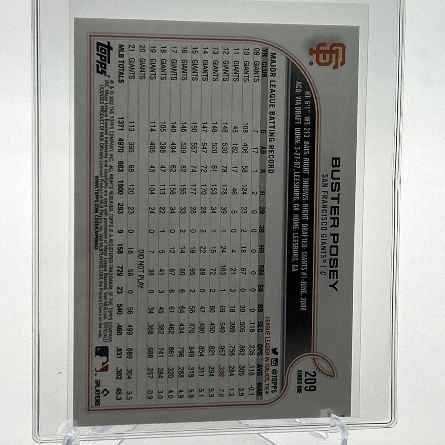 2022 Topps Buster Posey Baseball Card #209 Mint FREE SHIPPING