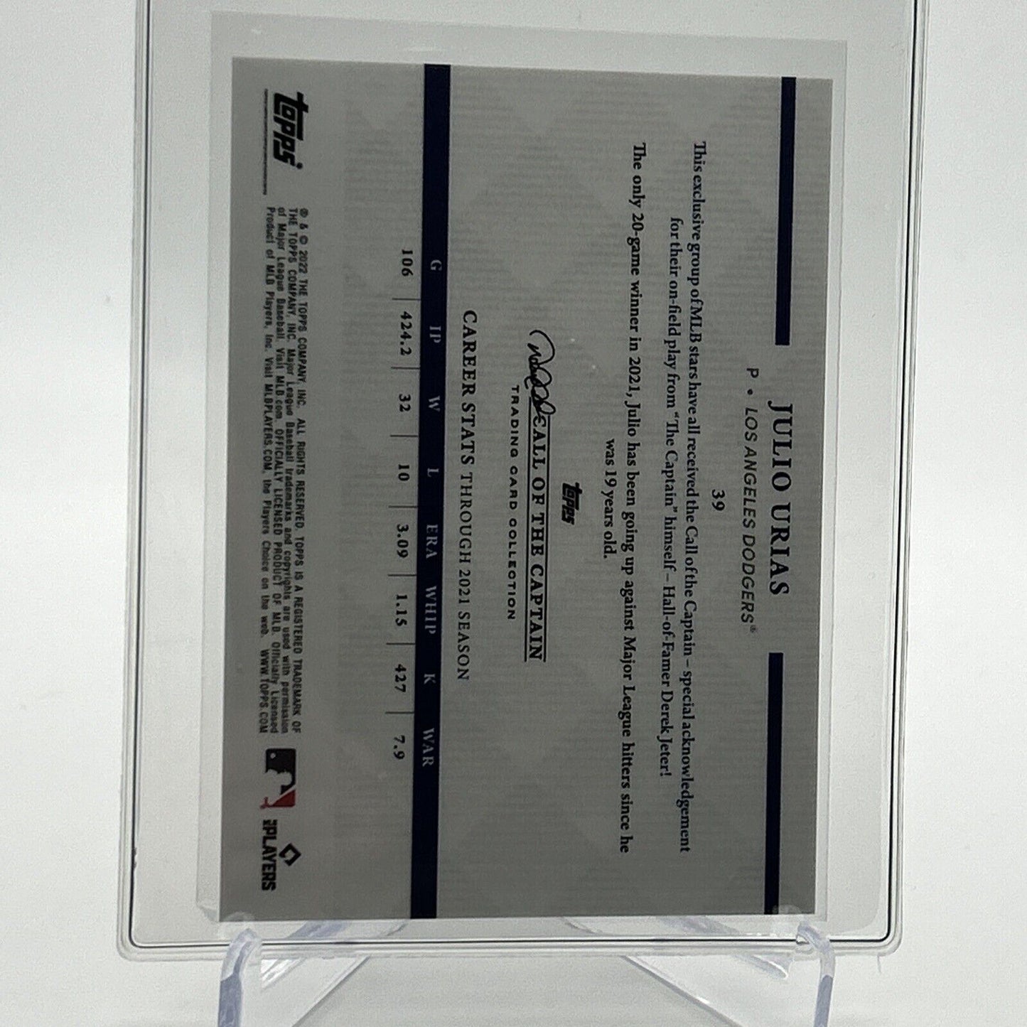 2022 Topps x Derek Jeter Julio Urias Baseball Card #39 Mint FREE SHIPPING