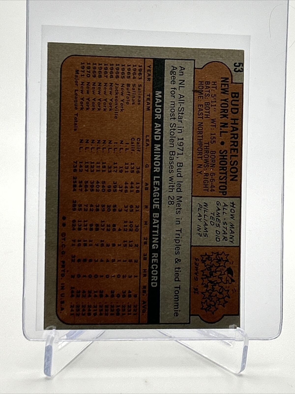 1972 Topps Bud Harrelson Baseball Card #53 VG-EX Quality FREE SHIPPING