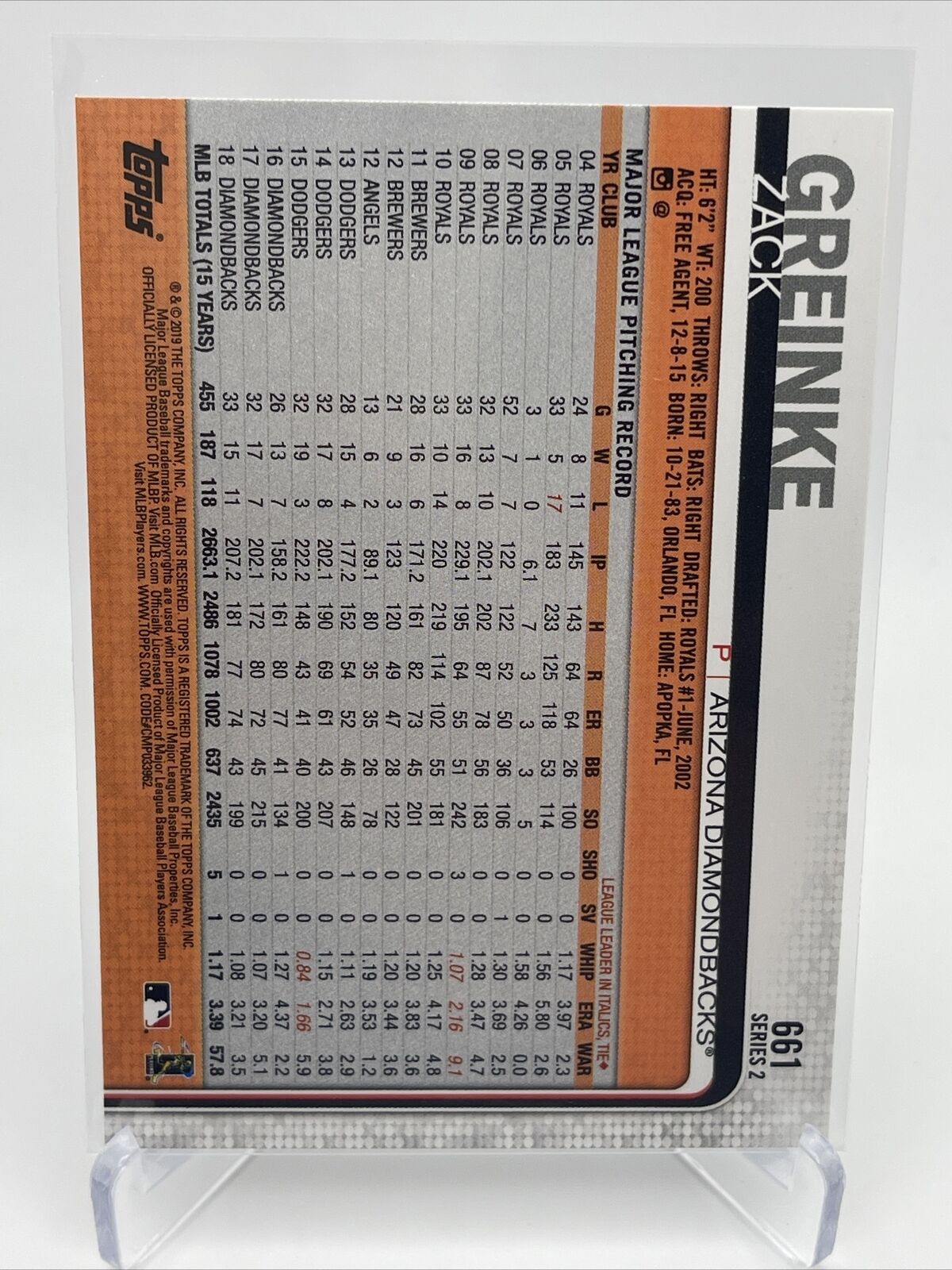 2019 Topps Zack Greinke Baseball Card #661 Mint FREE SHIPPING