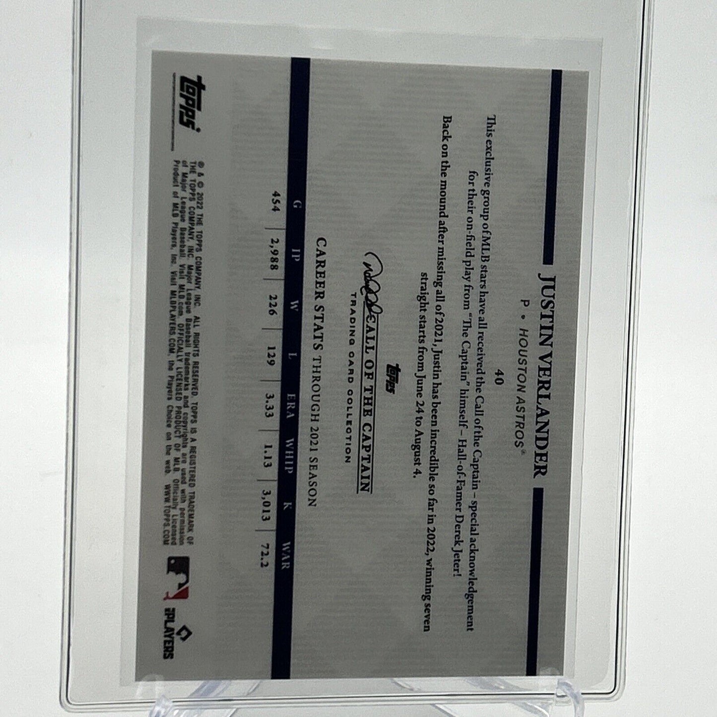 2022 Topps x Derek Jeter Justin Verlander Baseball Card #40 Mint FREE SHIPPING