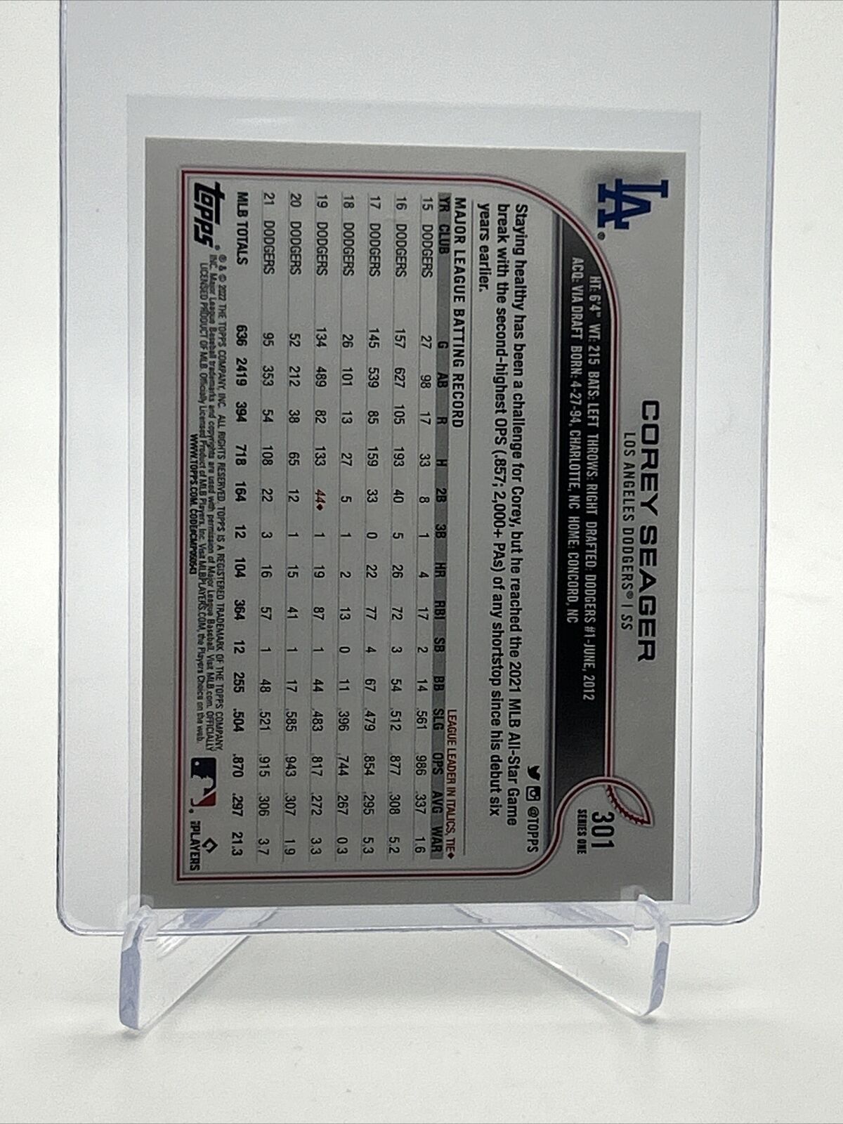 2022 Topps Corey Seager Baseball Card #301 Mint FREE SHIPPING