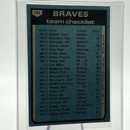 1980 Topps Bobby Cox Checklist Baseball Card #192 NM-Mint FREE SHIPPING