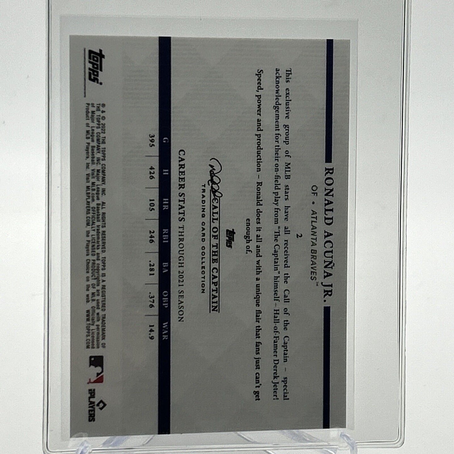 2022 Topps x Derek Jeter Ronald Acuña Jr. Baseball Card #2 Mint FREE SHIPPING