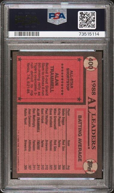 1989 Topps Alan Trammell Baseball Card #400 PSA 9 Mint