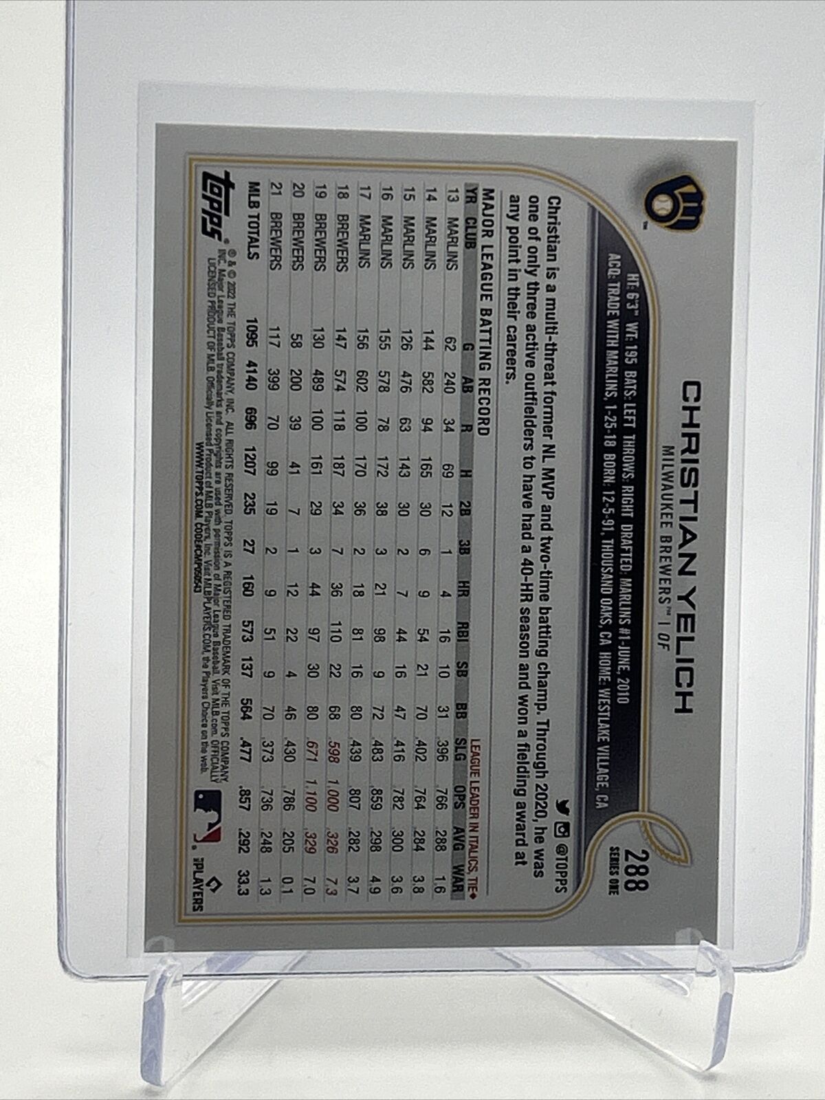 2022 Topps Christian Yelich Baseball Card #288 Mint FREE SHIPPING