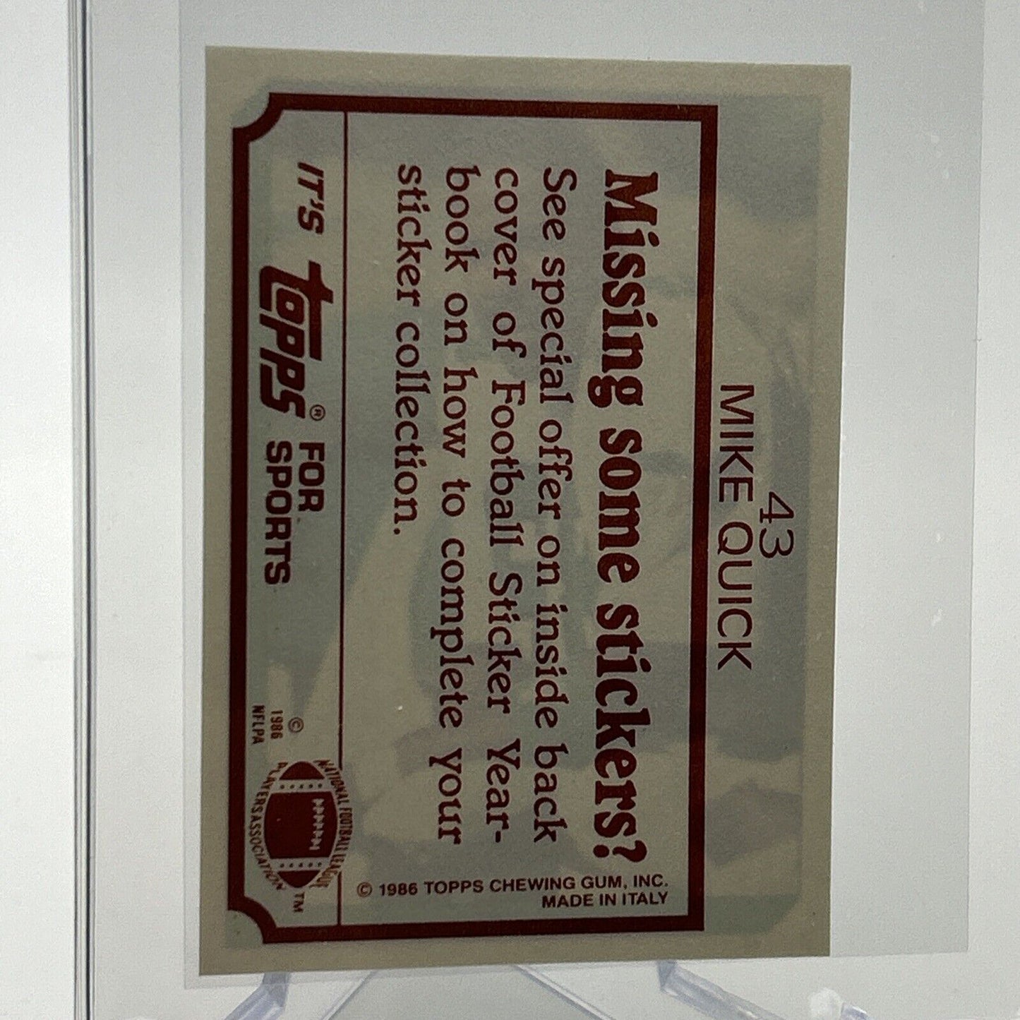 1986 Topps Mike Quick Football Sticker Card #43 NM-MT FREE SHIPPING