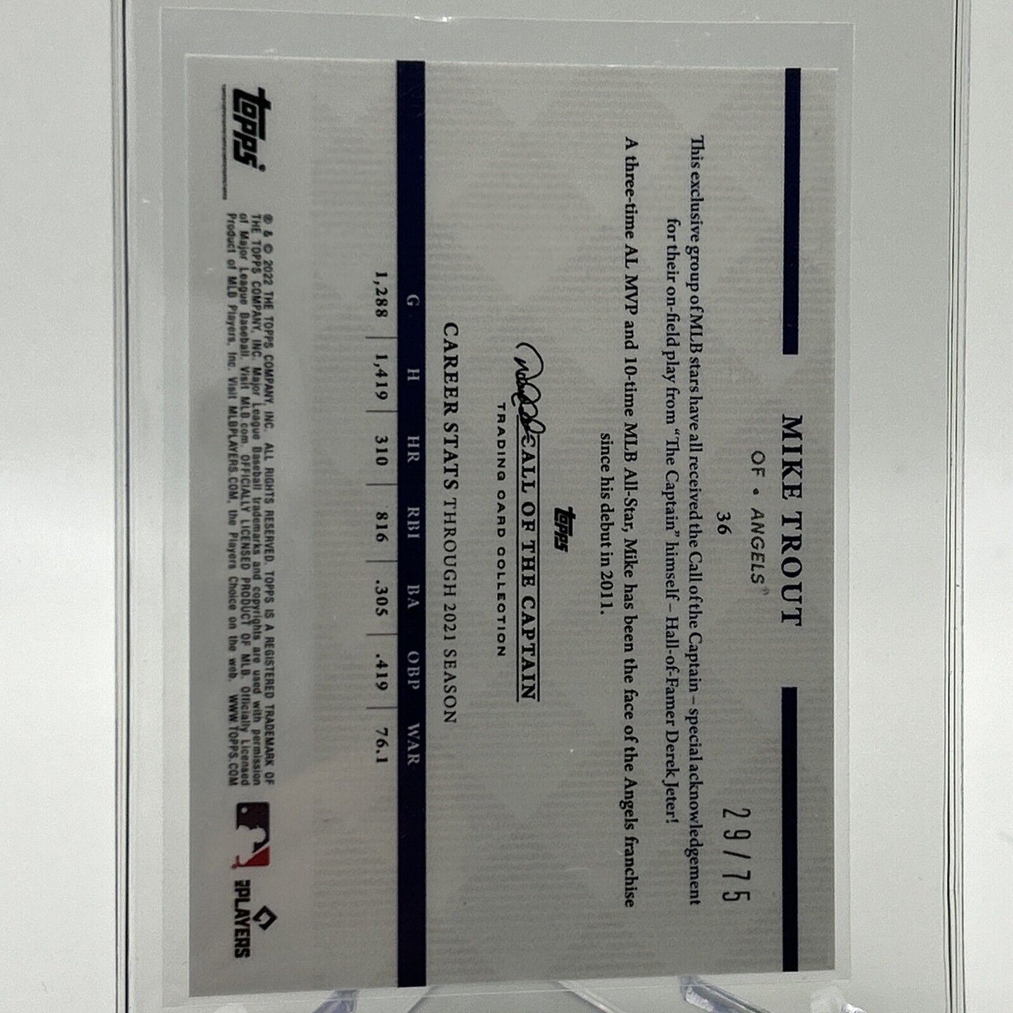 2022 Topps x Derek Jeter Mike Trout 29/75 Baseball Card #36 FREE SHIPPING