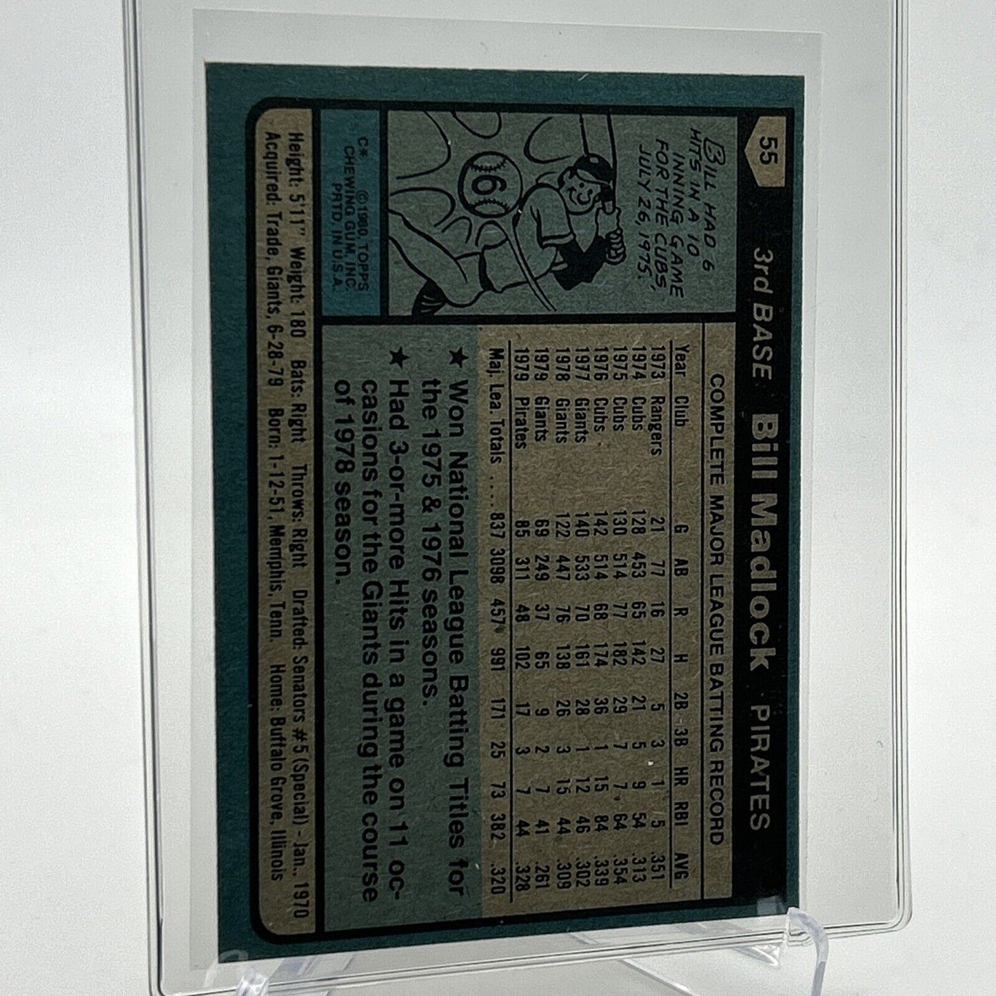 1980 Topps Bill Madlock Baseball Card #55 NM-Mint FREE SHIPPING