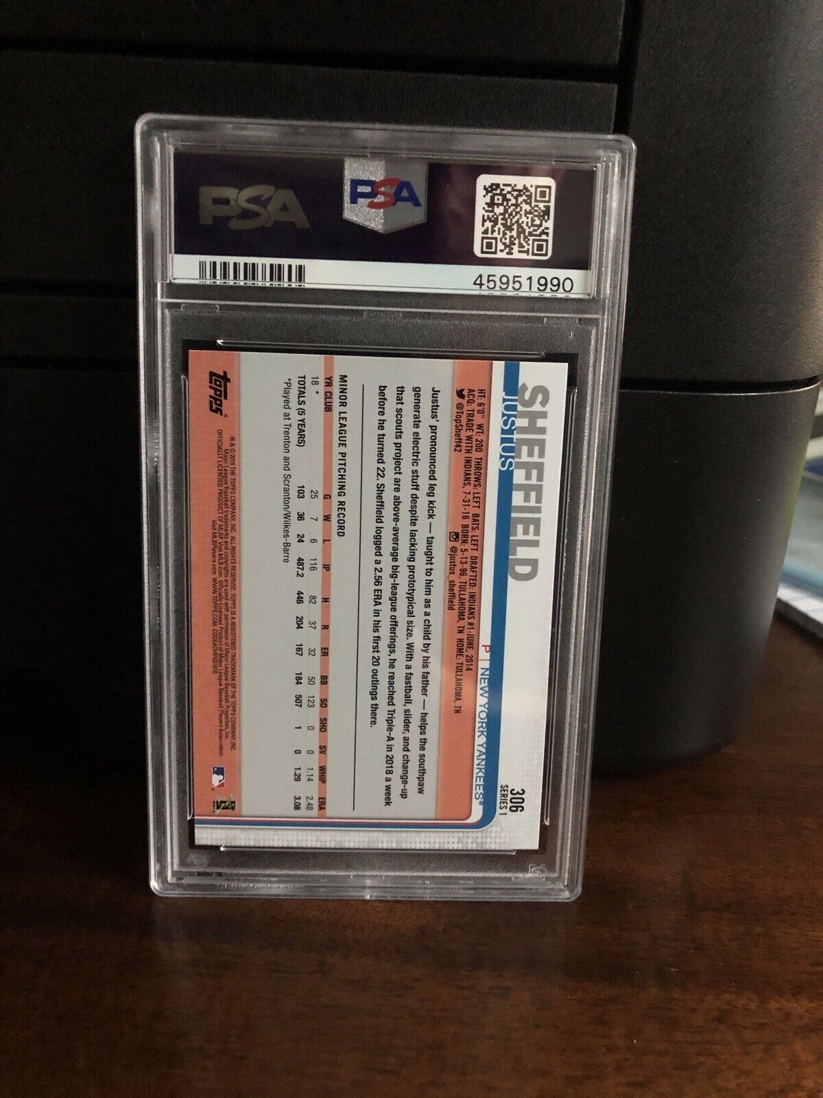 2019 Topps YELLOW Justus Sheffield Rookie Baseball Card #306 PSA 10 POP 2