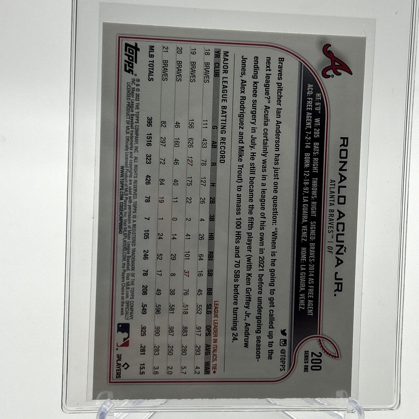 2022 Topps Ronald Acuña Jr. Baseball Card #200 Mint FREE SHIPPING