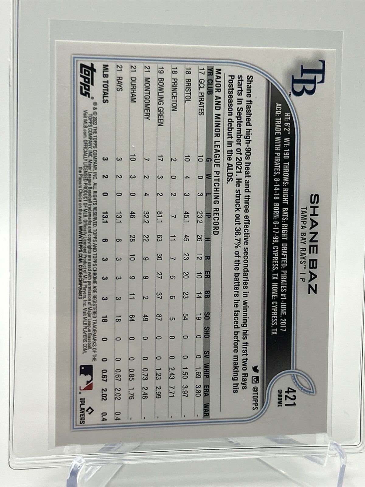 2022 Topps RETAIL SET Shane Baz Rookie Baseball Card #421 Mint FREE SHIPPING