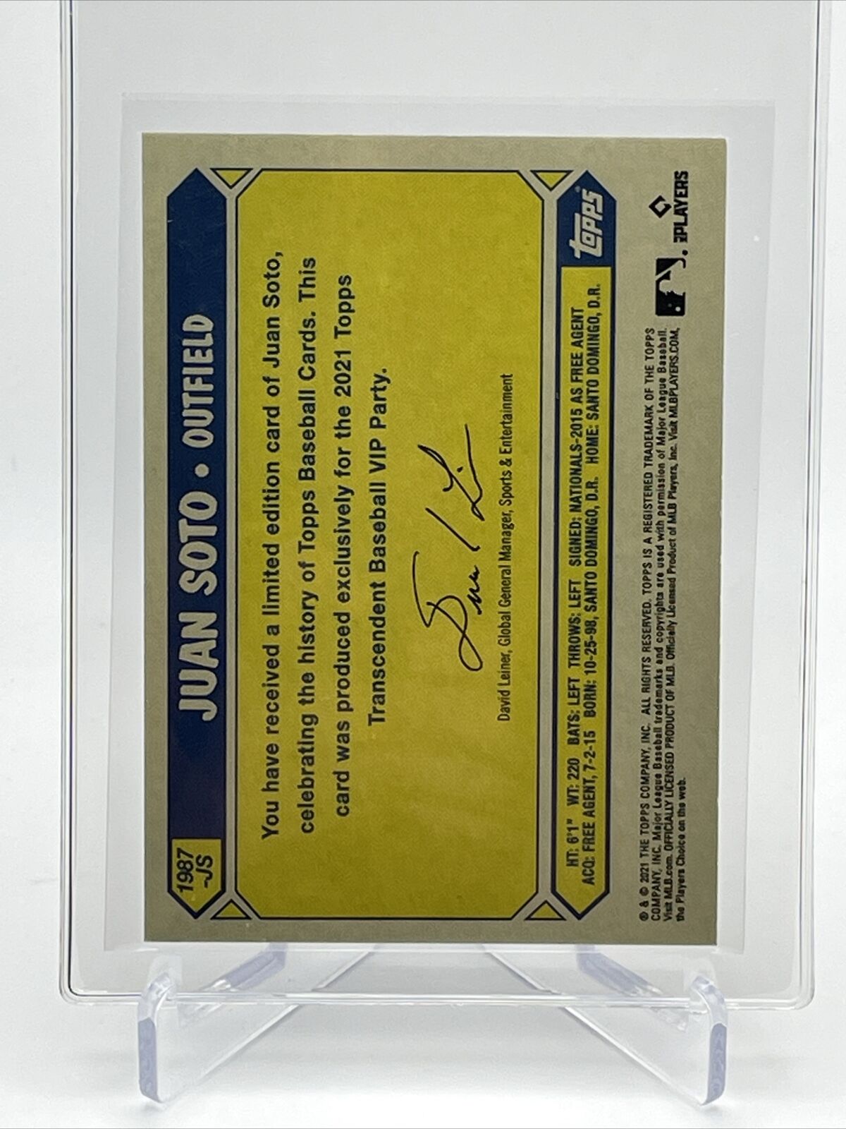 2021 Topps Transcendent Juan Soto Baseball Card #1987-JS 23/95 1987 Topps