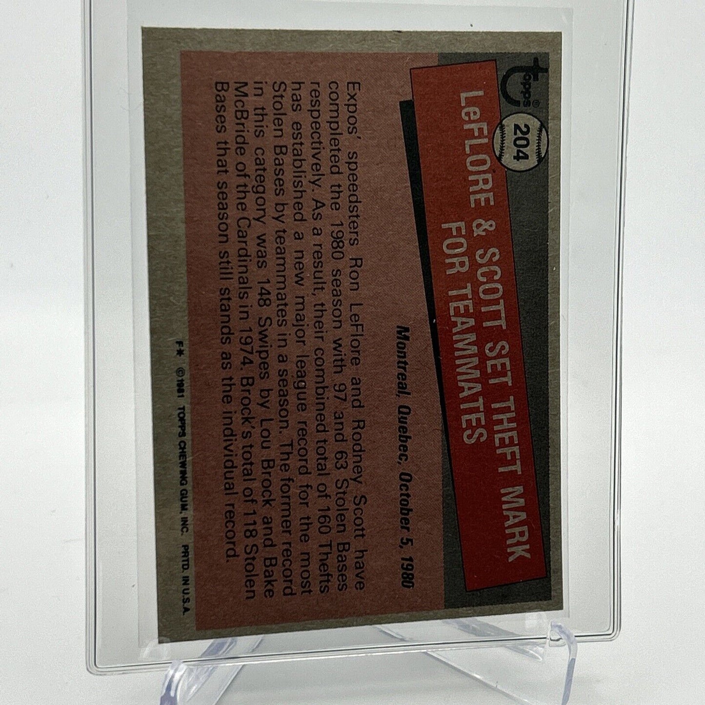 1981 Topps Ron LeFlore/Rodney Scott Baseball Card #204 NM-Mint FREE SHIPPING