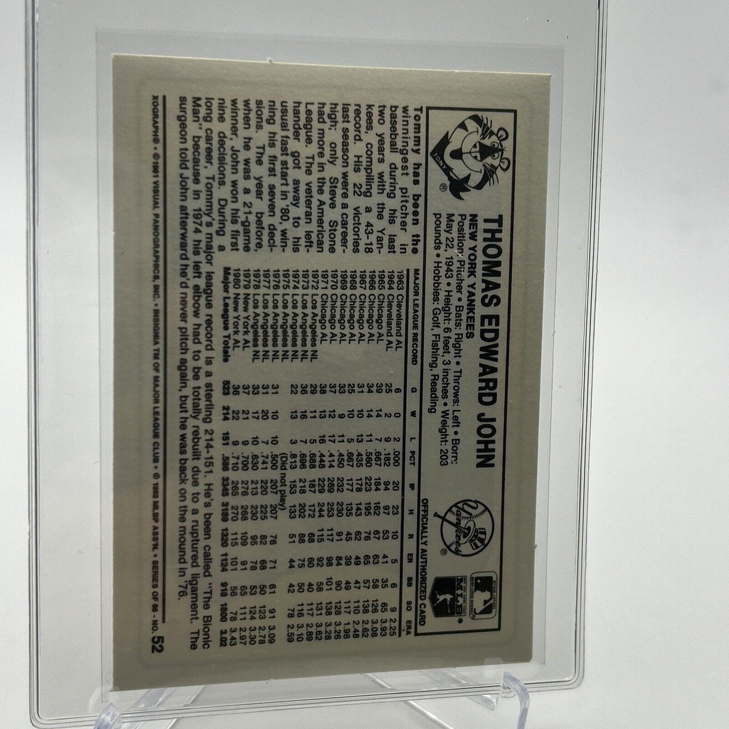 1981 Kellogg's Tommy John Baseball Card #52 NM-Mint FREE SHIPPING