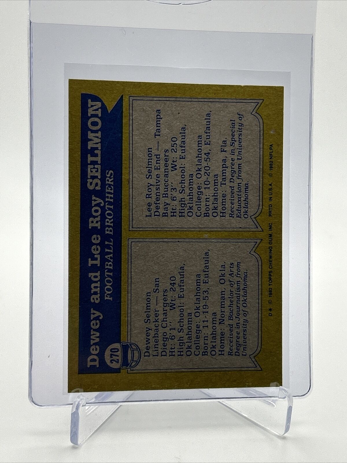 1982 Topps Dewey Selmon/Lee Roy Selmon Football Card #270 NM-MT FREE SHIPPING