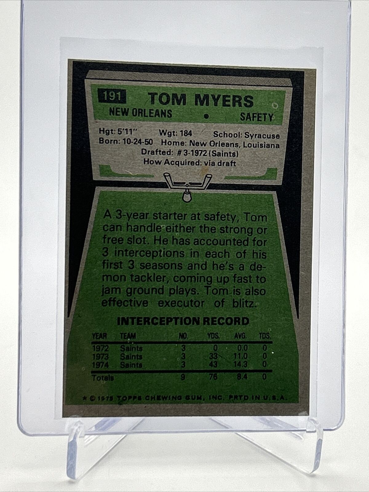 1975 Topps Tom Myers Football Card #191 EX-MT Quality FREE SHIPPING